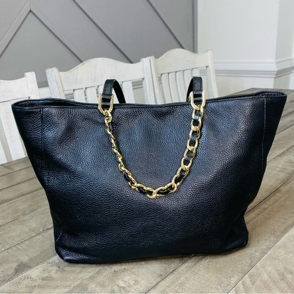 Michael Kors Harper East West Soft Navy  Pebbled Leather Chain Tote Shoulder Bag - Picture 5 of 10